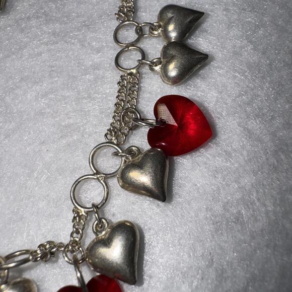 925 Sterling Silver Heart Chain Bracelet Made With SWAROVSKI  Red Crystal Hearts - Picture 3 of 12